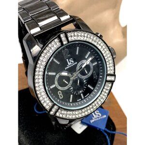 Joshua & Sons Men's Watch JS81BK Quartz Gemmed Black Dial Stainless Steel 52mm